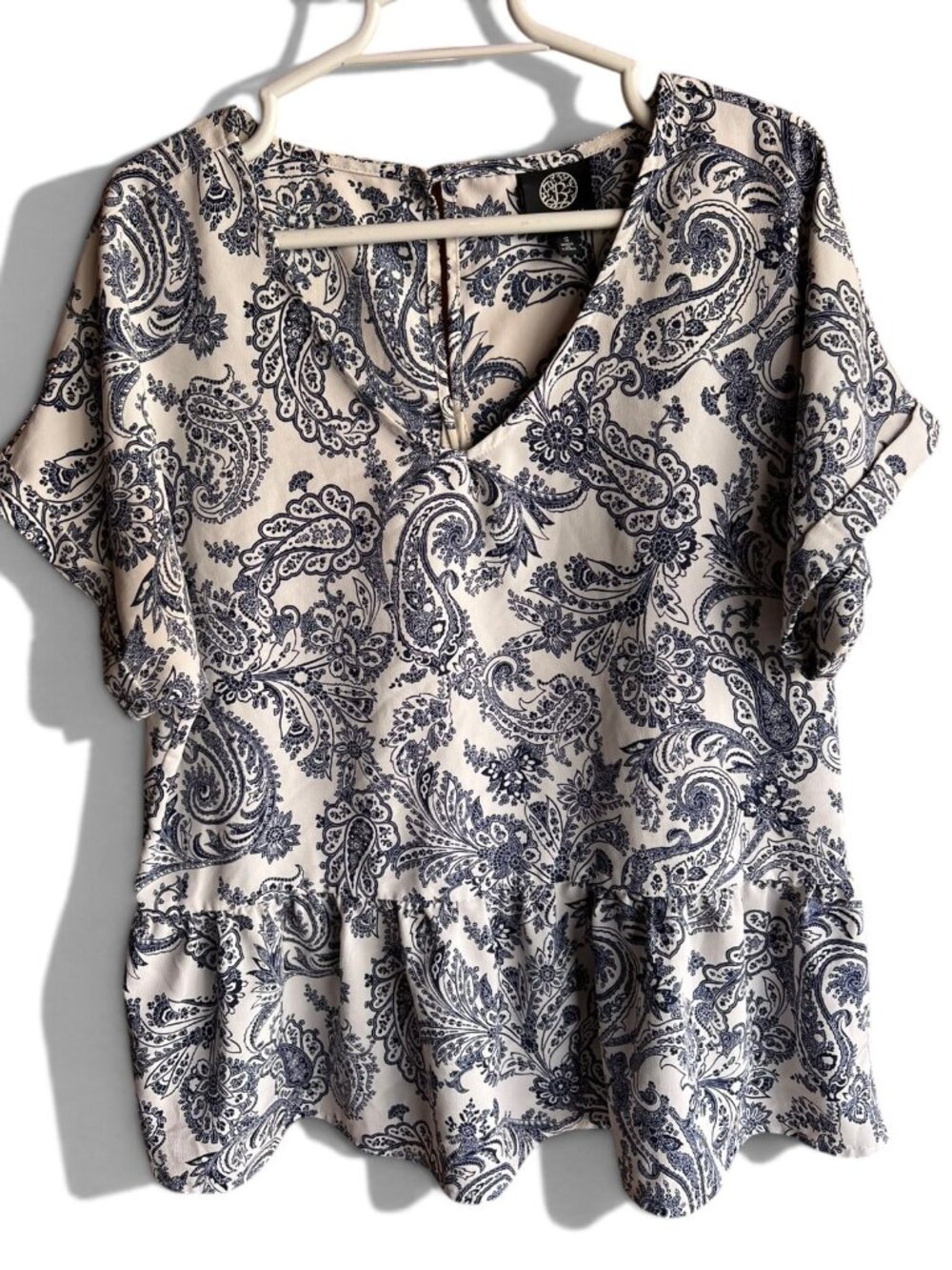 Bobeau Navy Blue Paisley V-Neck Peplum Blouse Size S